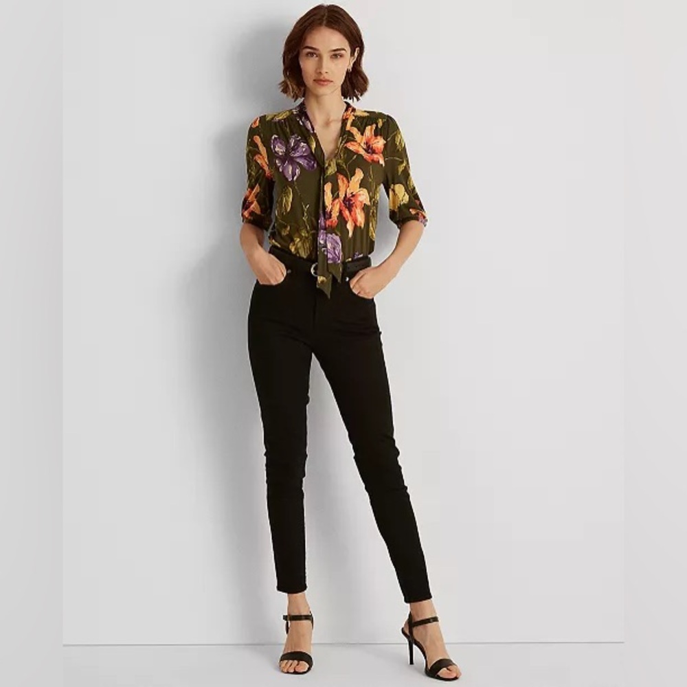 Ralph Lauren Floral Jersey Tie-Neck Blouse in Farm Olive, Plus Size XXL, NWT